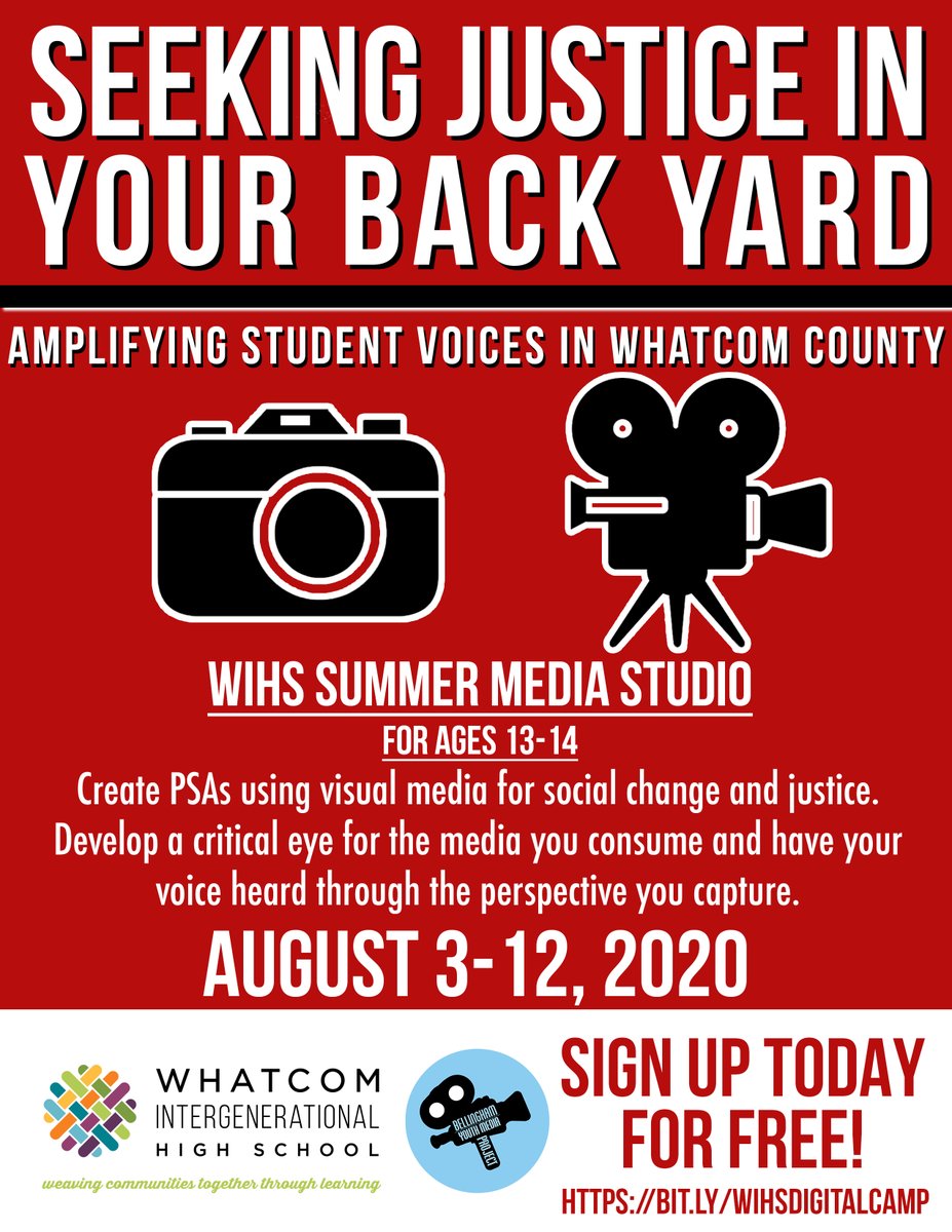 WhatcomIHS's tweet image. What does justice mean to you?  Are you a middle or high school student?  Register now for our free summer workshop to amplify your voice!  bit.ly/WIHSdigitalcamp