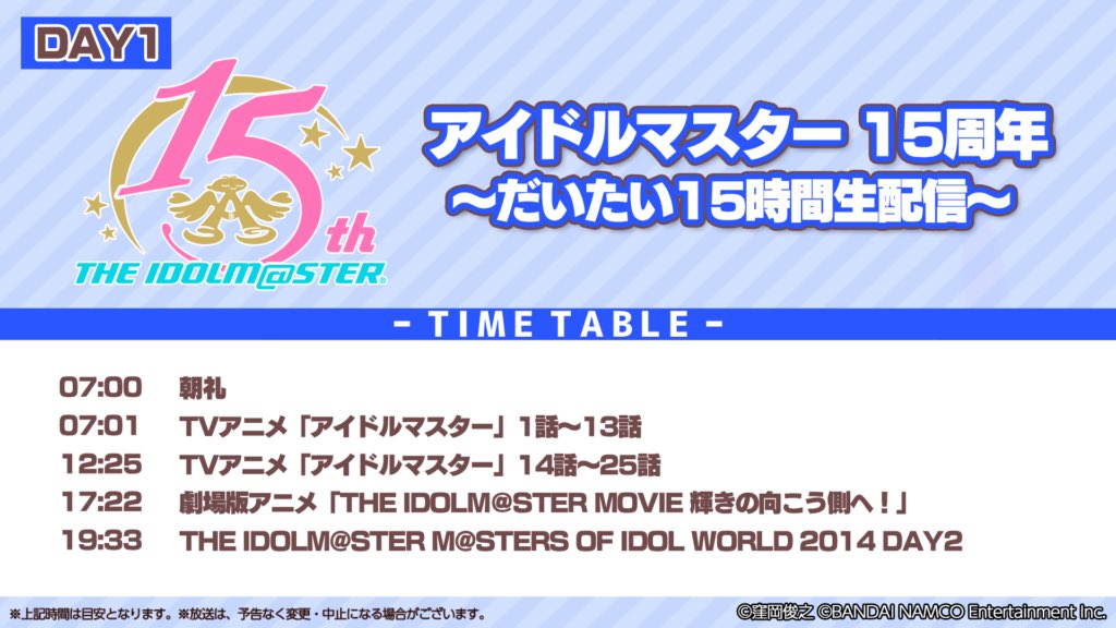 ミリシタeng Day1 July 25th 7 00am Morning Assembley 7 01am The Idolm Ster Anime Episode 1 13 12 25pm The Idolm Ster Anime Episode 14 25 17 22pm The Idolm Ster Movie 19 33pm The