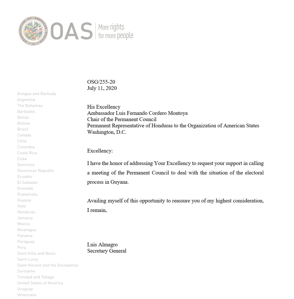 Almagro_OEA2015's tweet photo. I have requested the Chair of @CP_OEA to convene a meeting of the @OAS_official Permanent Council to address the situation of the electoral process in #Guyana https://t.co/xXd1TYapZV
