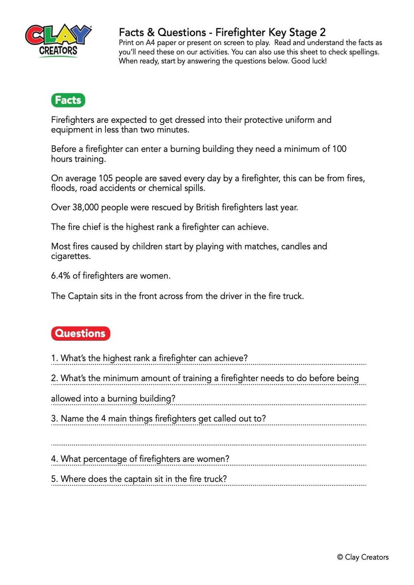 𝗧𝗵𝗶𝘀 𝘄𝗲𝗲𝗸'𝘀 𝗺𝗼𝗱𝗲𝗹: 𝔽𝕚𝕣𝕖𝕗𝕚𝕘𝕙𝕥𝕖𝕣
𝗧𝗼𝗱𝗮𝘆'𝘀 𝗳𝗿𝗲𝗲 𝗮𝗰𝘁𝗶𝘃𝗶𝘁𝘆: 𝔽𝕒𝕔𝕥 &amp; 𝔸𝕟𝕤𝕨𝕖𝕣 𝕊𝕙𝕖𝕖𝕥𝕤

• Fun for KS1 and KS2 Children, link below to print
 
𝗗𝗼𝘄𝗻𝗹𝗼𝗮𝗱: go.ClayCreators.com/Fire

Order Creator Clay > claycreators.com/shop