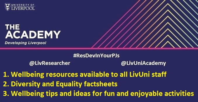 LivResearcher's tweet photo. @DeniseChilton @LivUniAcademy In our 7th #ResDevInYourPJs bite-sized video, we discuss:
🚩 Wellbeing resources for #LivUnistaff with @SallyMiddleton
& @LivUniPeople
🚩 Diversity & Equality factsheets
🚩Wellbeing tips & ideas
Happy viewing 🤗
https://t.co/Ocstj21rE2 https://t.co/g573XkHgUm