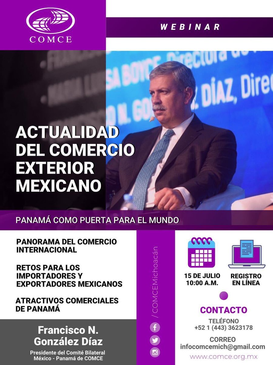 ComceMichoacan's tweet photo. ¡Este miércoles es nuestro Webinar! Aún puedes registrarte 💻 : https://t.co/PG2Irk7pLi
*Evento sin costo*
Imparte: Francisco González Diaz
#COMCE #COMCEMICH #LATAM #Panamá #negociosinternacionales #México #quedateencasa🏡 #proméxico #Bancomext #webinar #coronavirus https://t.co/6vUAPWlumD