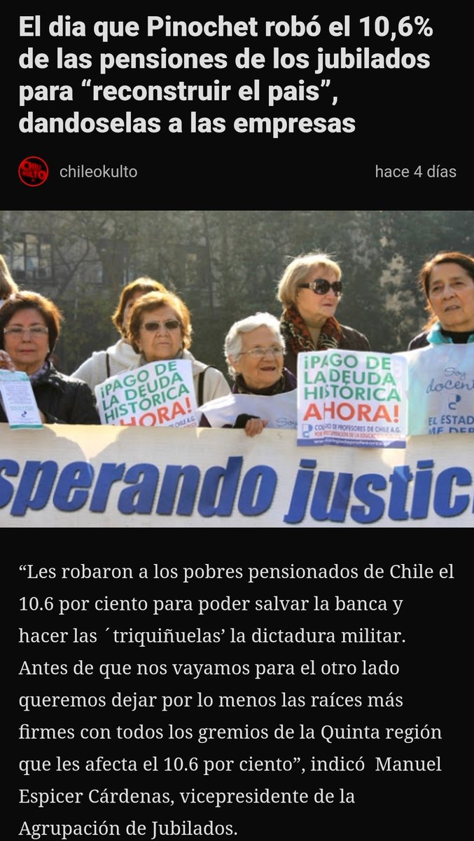 MyLazySoul's tweet photo. Siempre es bueno recordar...
¿Por qué cuando Pinochet sacó el 10,6% para reconstruir el país nadie dijo nada y ahora q como medida desesperada se pide el 10%, porque no todos acceden a ayudas del gobierno, salen tantos a defender el modelo?
#ContigoCHV #Bienvenidos13 #FelizLunes https://t.co/5C00pCzUZb