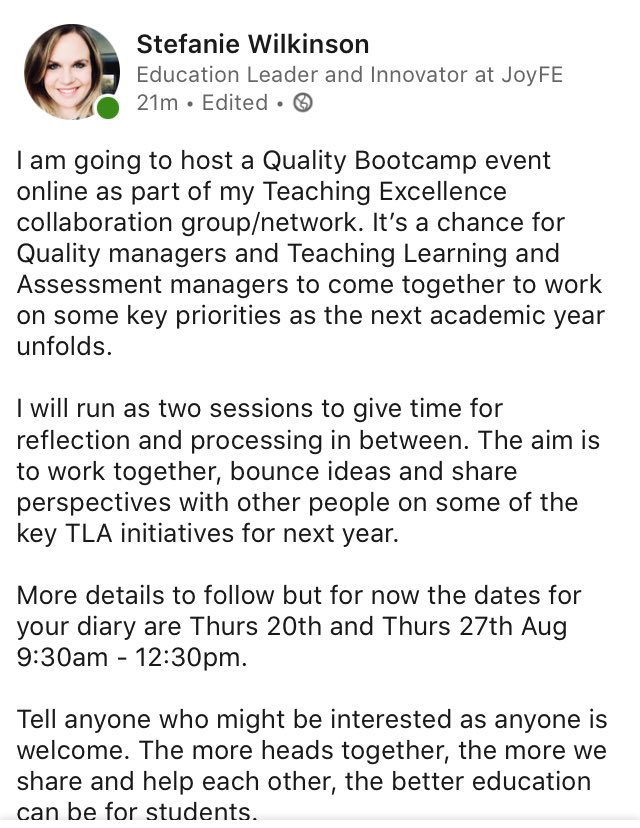 Stef_Tinsley's tweet photo. Going to run a Quality Bootcamp event as part of the Teaching Excellence network that I run, to bring quality and TLA managers together to collaborate on key TLA priorities for the next academic year. More info to follow but for now Thurs 20th and 27th Aug 9:30-12:30 https://t.co/6U6biahnDV