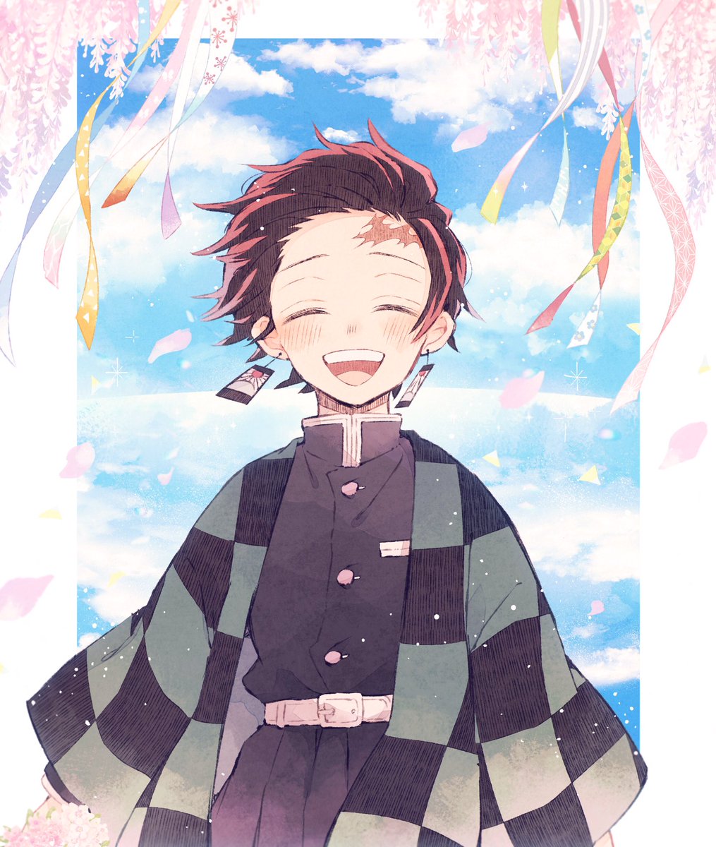 kamado tanjirou demon slayer uniform 1boy male focus scar on forehead solo closed eyes earrings  illustration images