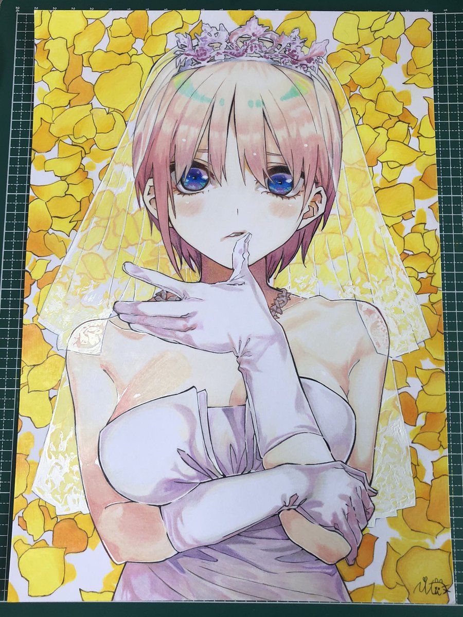 riannuekaki's tweet photo. 五等分の花嫁より　中野一花 花嫁衣装
　色鉛筆で描きました！
ここまで時間かけてできるのもしかしたら最後かもしれないですが、楽しく描けたので本当に良かったです！
#リアンヌイラストフェス
#模写
#色鉛筆
#中野一花 https://t.co/xVFuMT2SHJ