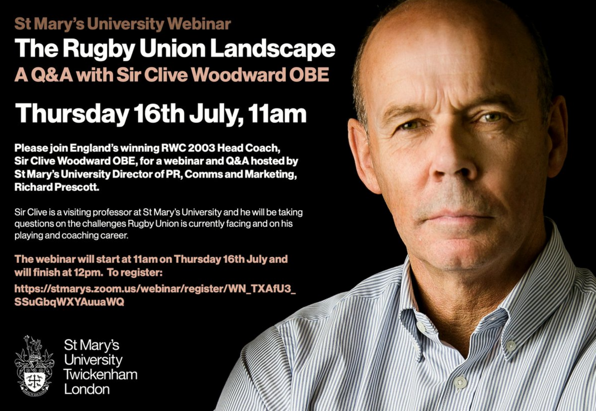 YourStMarys's tweet photo. There still time to book your place to hear @EnglandRugby Rugby World Cup winning Head Coach @CliveWoodward
talk about the challenges facing Rugby Union 🏉, and his playing and coaching career 

📅 16th July, 11am
🎟️ https://t.co/2wWkFjMlYz
📍Online https://t.co/nltennPtmI