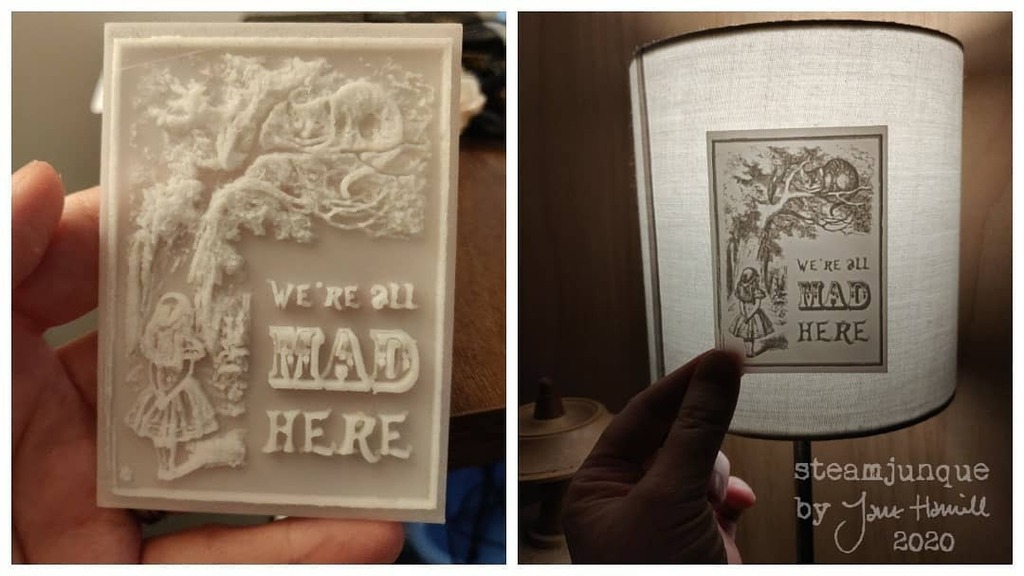 steamjunque's tweet photo. Thought I'd try turning one of my ACEO designs into a lithophane. I'm quite impressed by my first attempt!
#3dprinting #lithophane #learningnewthingsisfun #aliceinwonderland #wereallmadhere https://t.co/rRChDBdGv6 https://t.co/Av0DvSWVkv