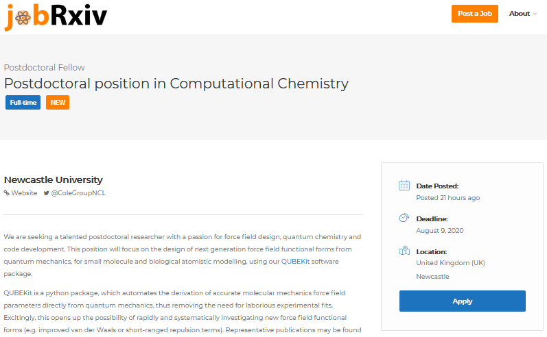 jobRxiv's tweet photo. #ScienceJobs:

Postdoctoral position in Computational Chemistry with @ColeGroupNCL

Newcastle University, UK

https://t.co/Jja3RdmVCA

#compchem #ukchemjobs #QUBEKit https://t.co/32D1IS7rQu