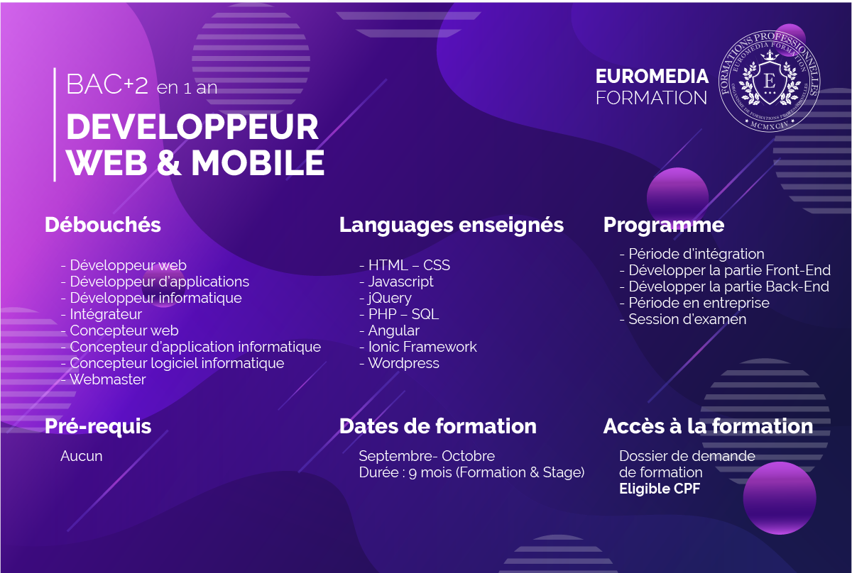 euromedia_f's tweet photo. Découvrez le BAC+2 en 1 an : Développeur Web &amp; Mobile 💻

⚡Apprenez en 1 an les connaissances d'un Développeur et certifiez votre parcours.
Découvrez le programme, les dates de formation et les financements possibles à cette adresse : https://t.co/A4DKt8zMwj https://t.co/hMOube85dD