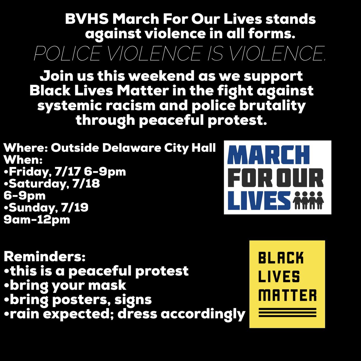 MFOLBVHS's tweet photo. MFOL BVHS supports the black community. Join us to protest this weekend. DM with questions or to let me know that you plan to attend! ✊🏻✊🏼✊🏽✊🏾✊🏿 https://t.co/9QjuM4uPhA
