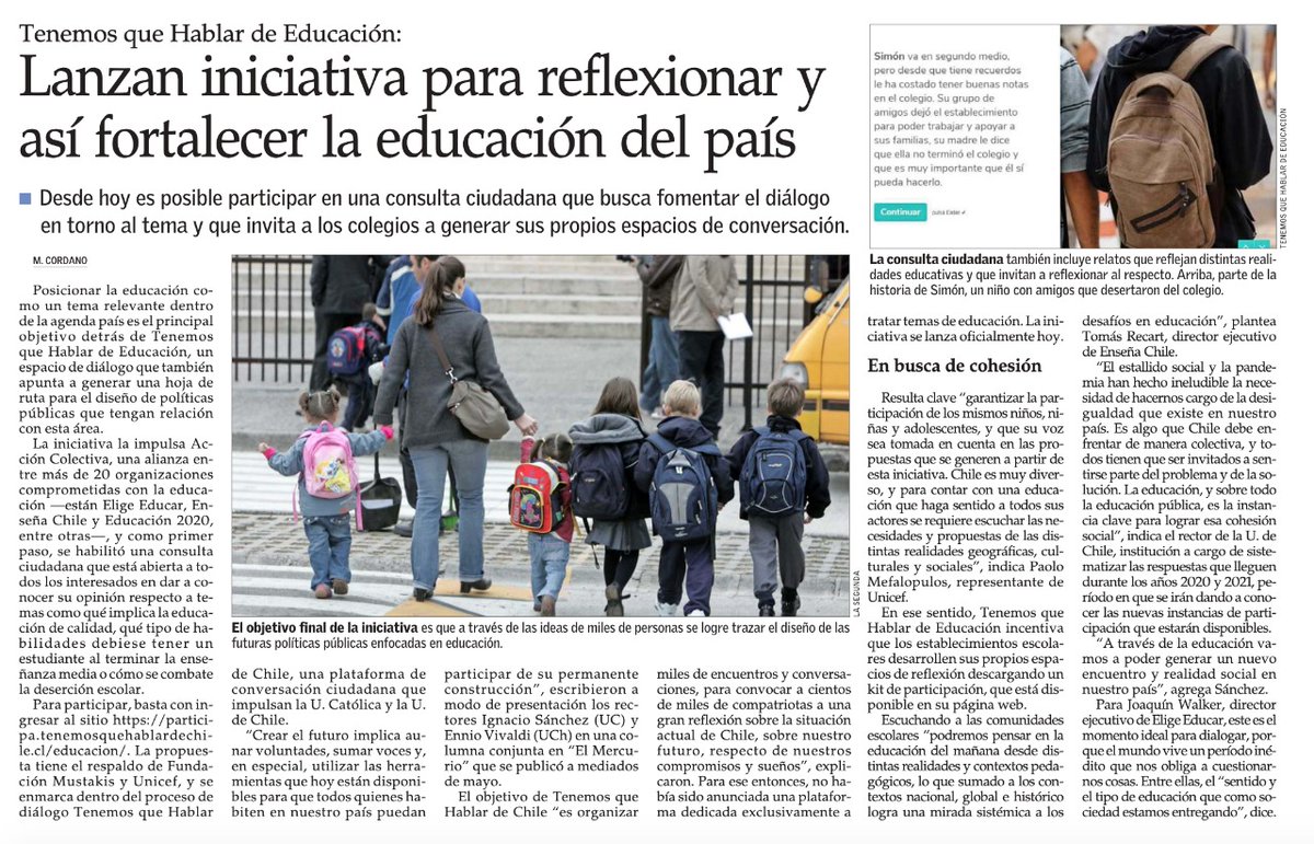 eligeeducar's tweet photo. Les compartimos la nota de @ElMercurio_cl sobre el lanzamiento de #TenemosQueHablarDeEducación, iniciativa nacida al alero de @tqhdch y busca posicionar la EDUCACIÓN como una temática relevante dentro de la agenda país💪

Y tú, ¿por qué crees que Tenemos que Hablar de Educación? https://t.co/L7w6i8J5Vv