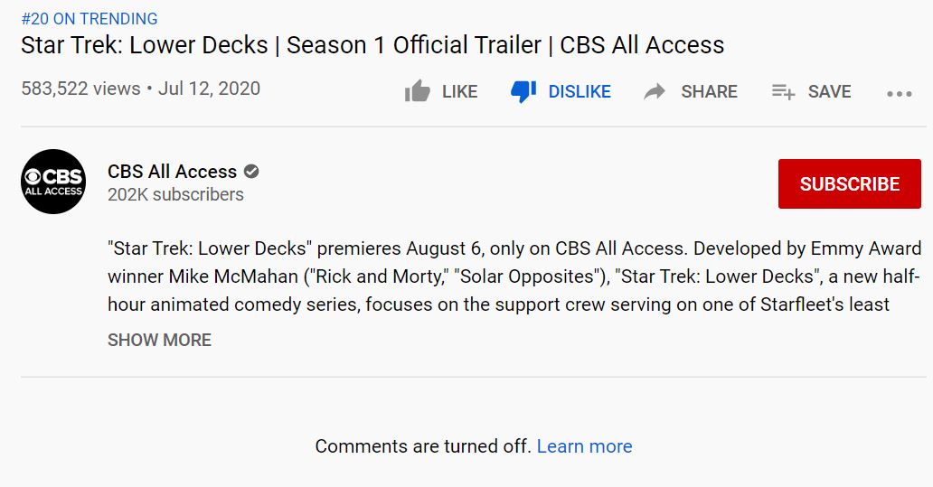 FrMiller's tweet photo. love how @CBSAllAccess turned off the comments for @startrekcbs " #LowerDecks "  

#garbage  #WillNotWatch  #NotTrek https://t.co/rxVCkOkYRH