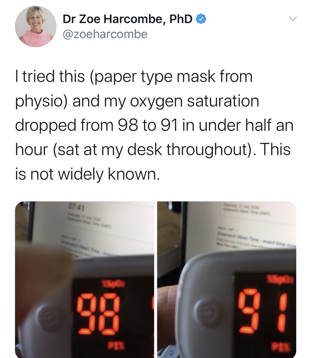 An Anaesthetist explaining how stuff works: a thread.....There has been a lot on Twitter about whether wearing masks reduce your oxygen levels. Some of it, depressingly, from people who should know better: (1)