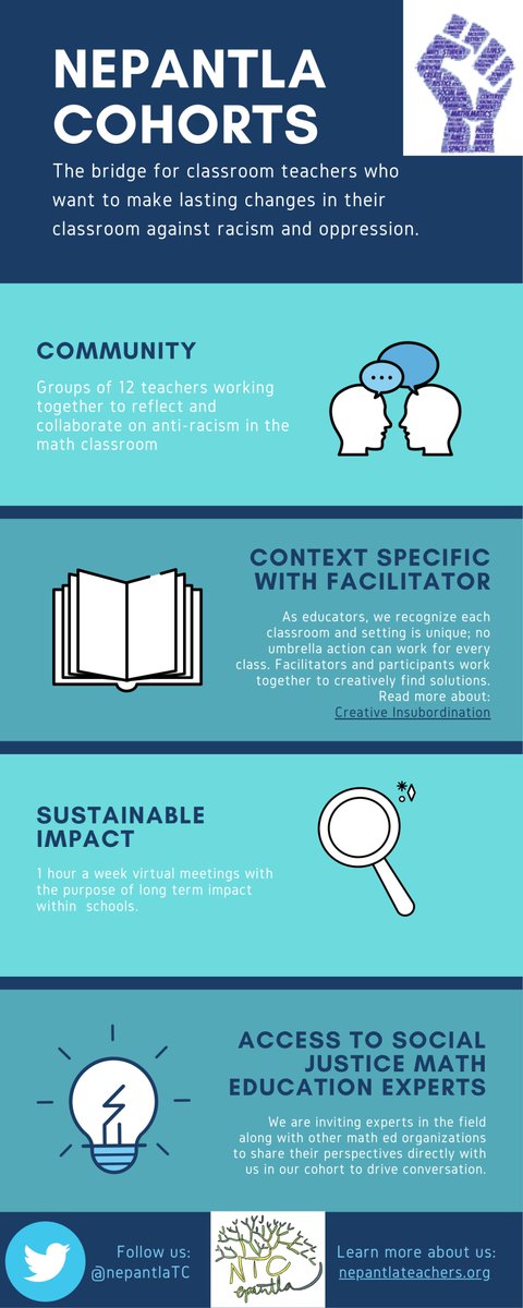 We are launching Nepantla Cohorts this year! We will be forming small virtual math ed communities to build antiracist math classrooms in our specific contexts. #mtbos #iteachmath  Fill out the interest form here: docs.google.com/forms/d/e/1FAI…