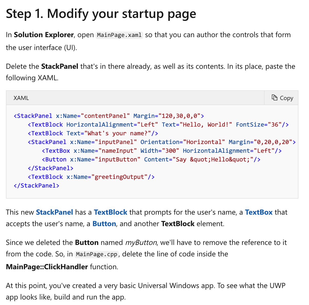 WindowsDocs's tweet photo. 3/6 Now modify the XAML in MainPage.xaml to do something more interesting. In this case, we're adding a button and a text box.
#TinyTutorial
#cppwinrt
#Windows10
#WindowsDev https://t.co/TENJ6iYZxS