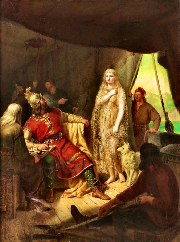 DeCromarty's tweet photo. A muchos os sonará la serie #Vikings/#Vikingos sobre las aventuras de #Ragnar #Lothbrok y sus hijos, inspiradas en las antiguas sagas/crónicas nórdicas.
#Winge retrató varias escenas de la saga, cómo cuando #Aslaug se presenta ante él vestida con una red y acompañada de un perro. https://t.co/Ru1Q0Ktven