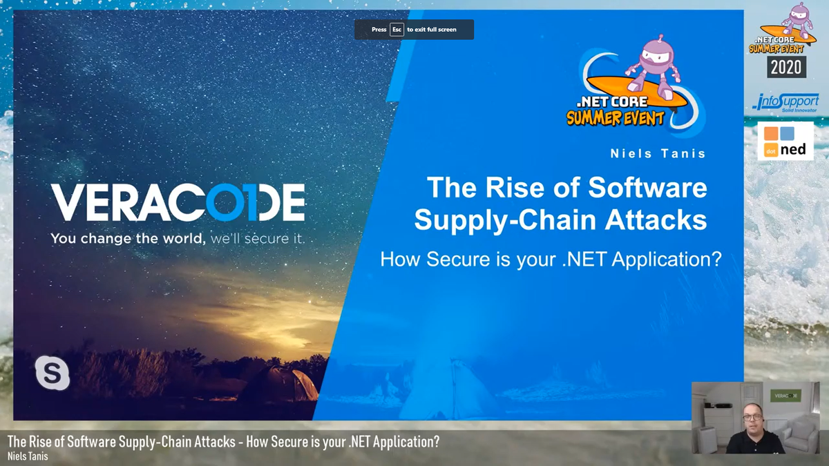How secure is your .NET Code? Watch the talk by <a href="/nielstanis/">Niels Tanis</a> at .NET Core Summer Event 2020 about security in you software supply-chain. #NETCoreEventNL 
buff.ly/2AuwC1g