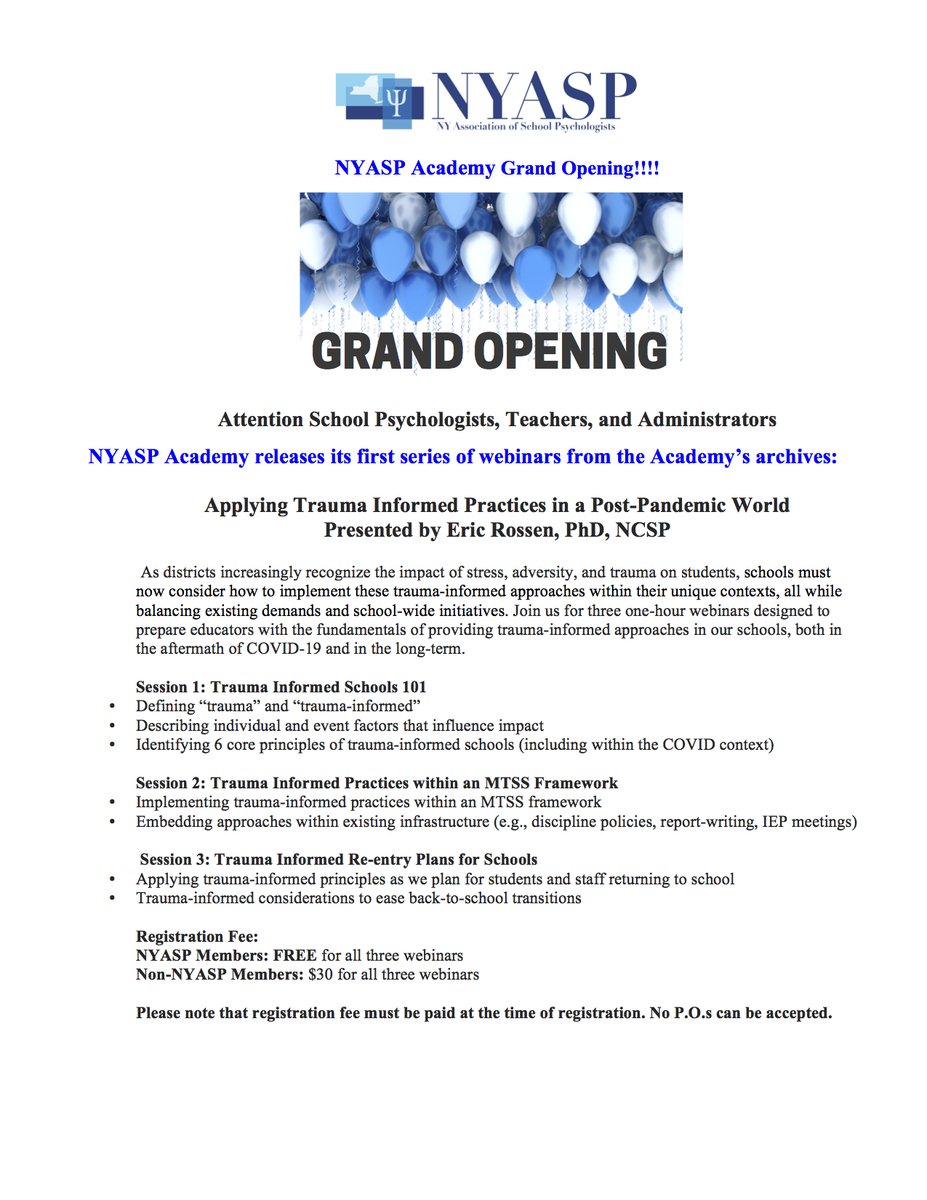 nyasp's tweet photo. NYASP Academy ****Grand Opening****
NYASP Academy releases the first many webinars to come!!!
Applying Trauma Informed Practices in a Post-Pandemic World, Presented by Dr. Eric Rossen

Register HERE: https://t.co/JIzU3ToOJs
NYASP Members: FREE 
Non-NYASP Members: $30 for all 3 https://t.co/CC0jI5Bwqp