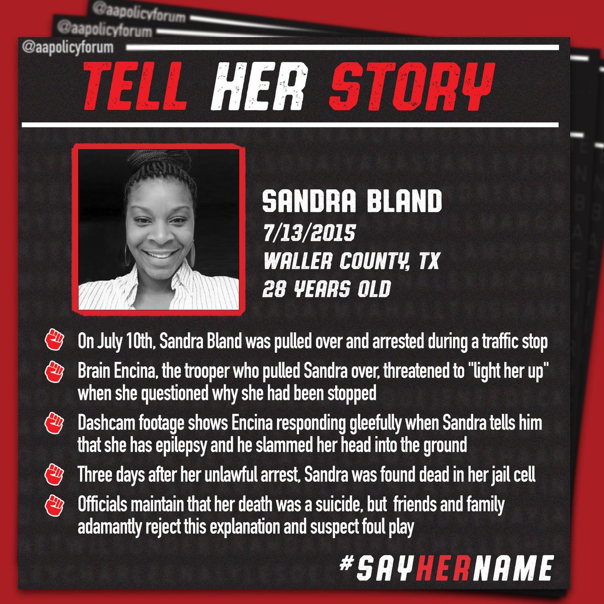 JenPerelman24's tweet photo. Sandra Bland was murdered 5 years ago today. #SayHerName 

We have a long road ahead for #CriminalJustice &amp; #PoliceReform. https://t.co/5Xua6axuTK