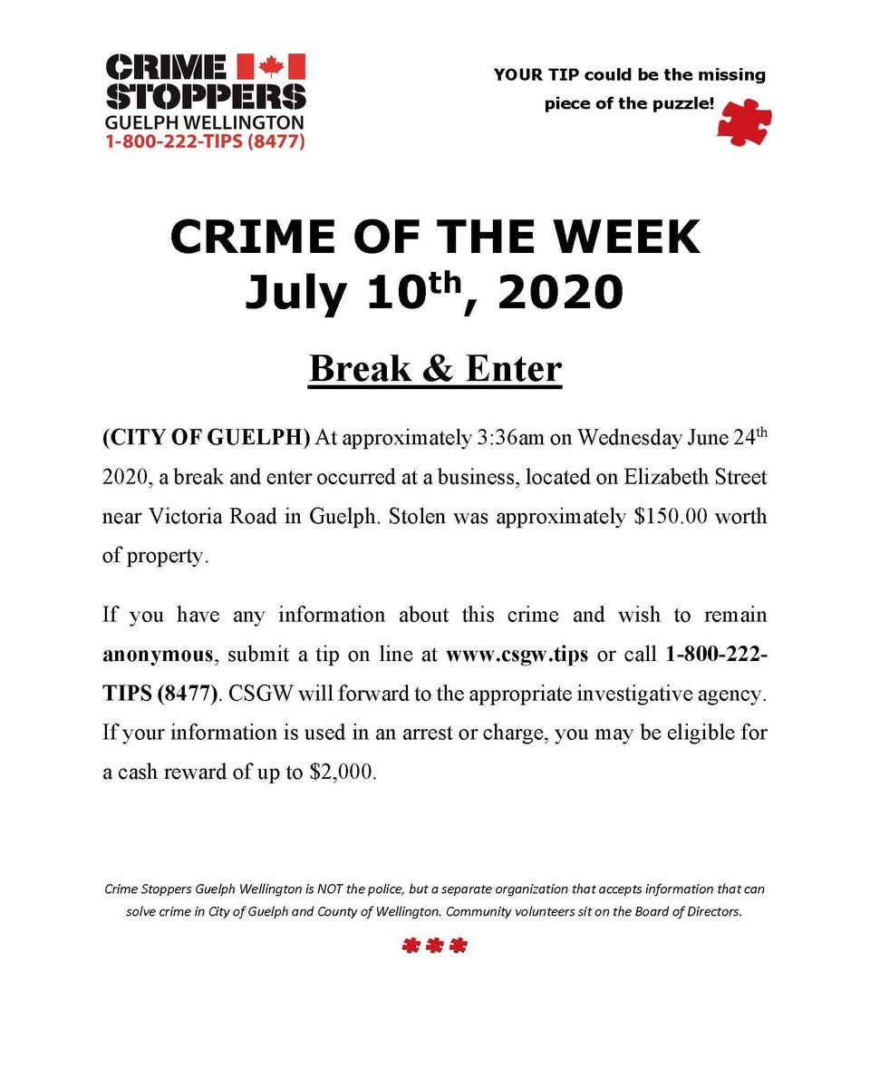 CSGWtips's tweet photo. Now, more than ever, crime hurts local businesses. Know who is responsible for this B&amp;E in #Guelph? #sayithere 1-800-222-TIPS https://t.co/GwESPDvBuF #CSGWCOW https://t.co/mss3Bx5v0f
