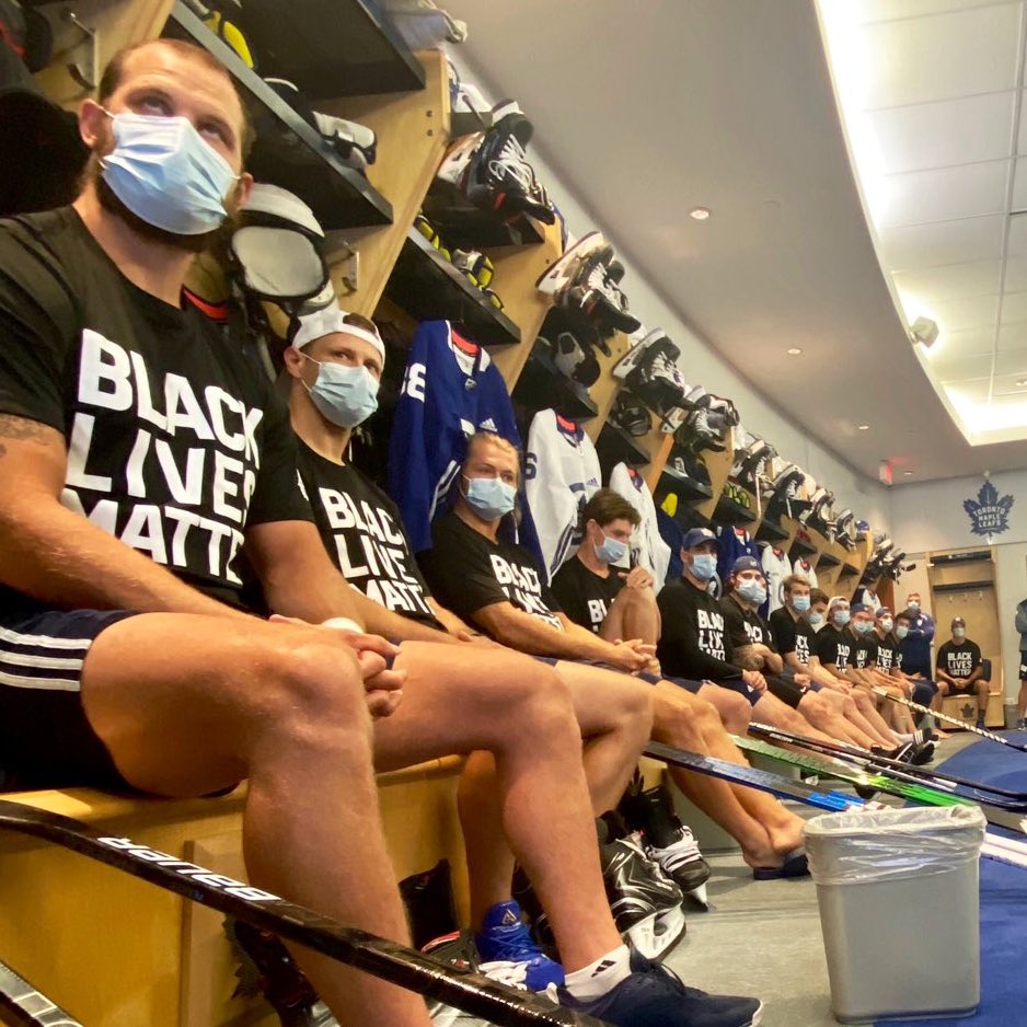 Sportsnet's tweet photo. .@MapleLeafs are back practicing as a team and are training in Black Lives Matter shirts. https://t.co/8ajch7O6Gr