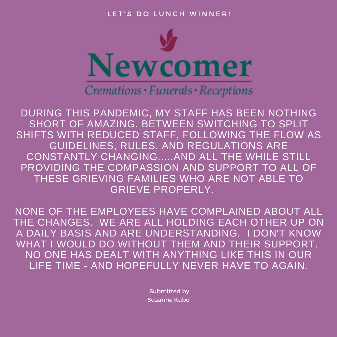 The <a href="/NewcomerFuneral/">NewcomerFuneralHomes</a> in Grove City received their free lunch from local restaurant, The Garden Bar, in June! Thank you Suzanne for the submission &amp; we thank you all for your continued hard work &amp; dedication! ❤️ #FuneralService #FuneralDirector #Community #SupportLocalBusinesses