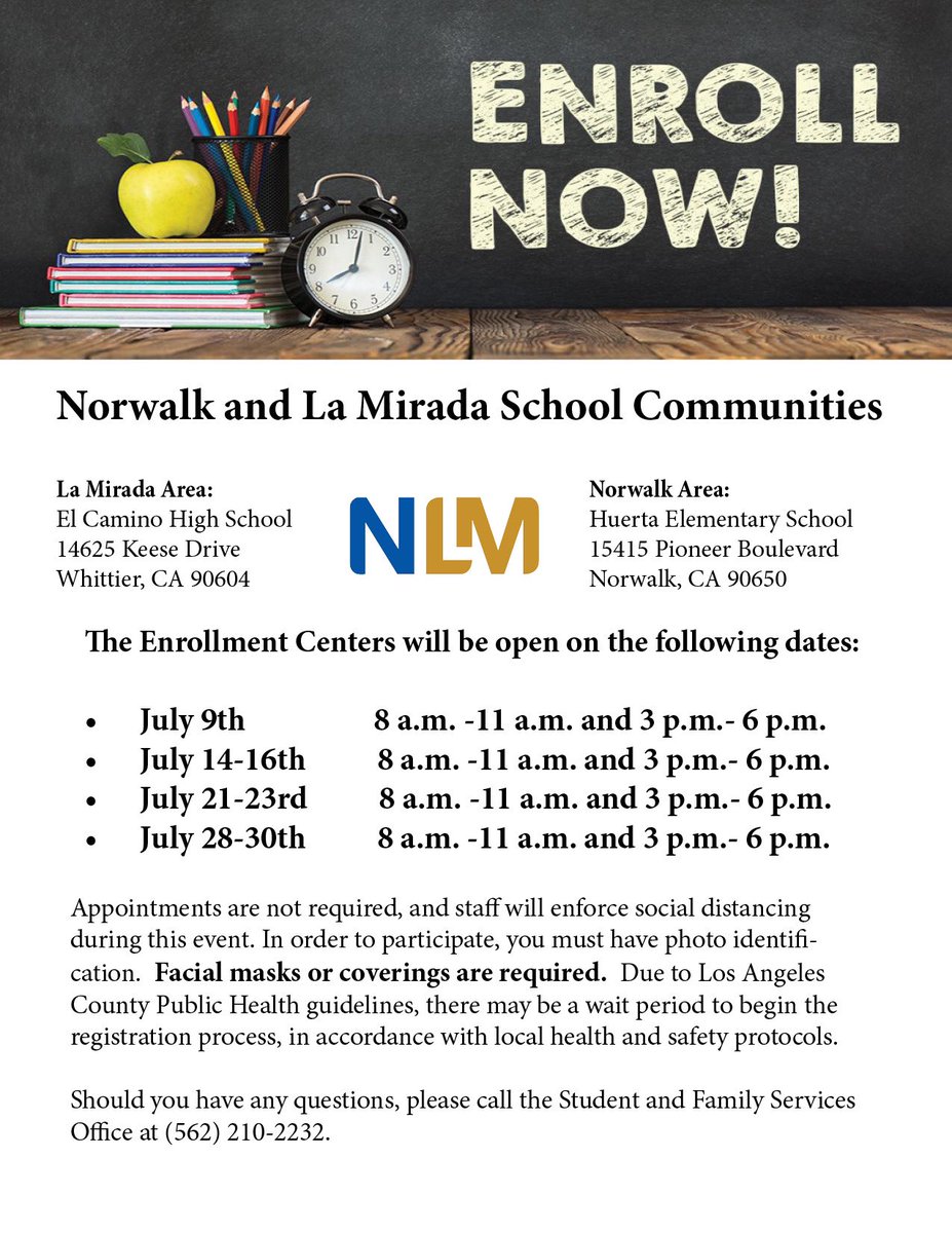 NLMUSD Enrollment Centers are open to assist parents with registration for the 2020-21 school year.  These events will be conducted at El Camino HS and Huerta Elementary School. See Below for times and dates. #nlmusd #futureready