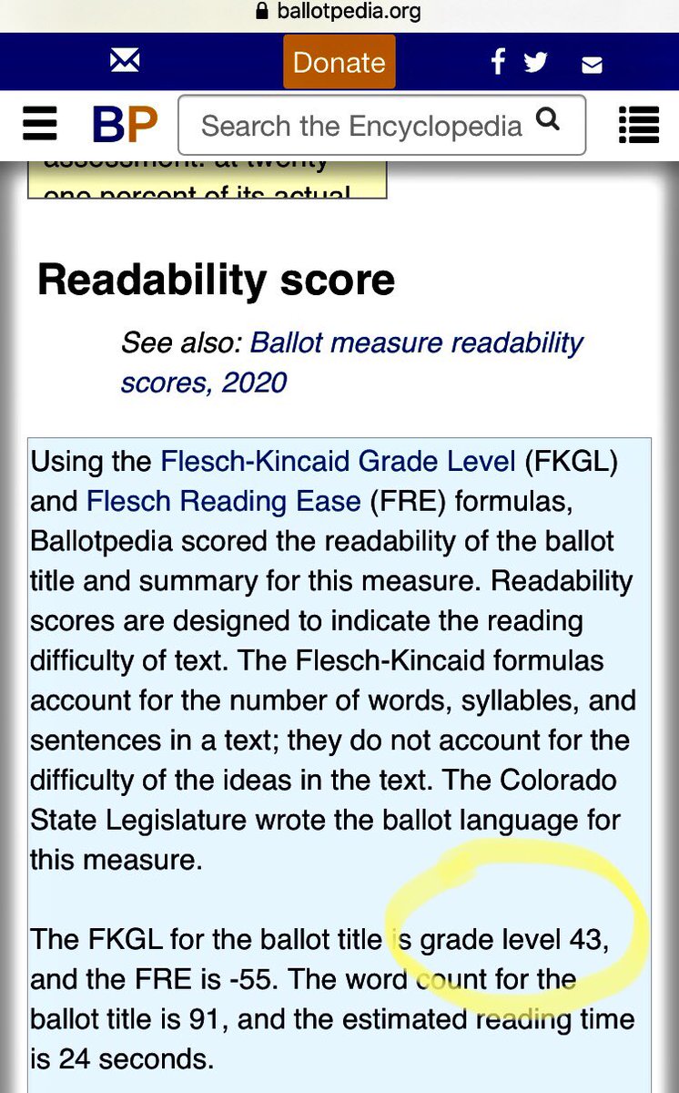 MichaelCLFields's tweet photo. No joke: @ballotpedia says you need 43 years of education to comprehend the Gallagher repeal ballot language. 43 years. 
#coleg is totally rigging the system. #copolitics @COStateAction https://t.co/GCRzosLDnk