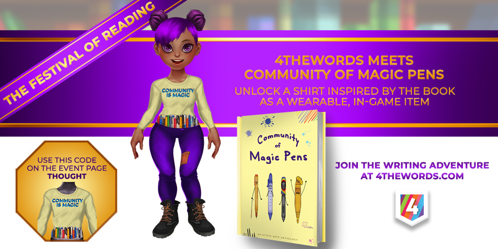 atthisarts's tweet photo. Do you love @4thewords or are you interested to try it? They are celebrating Community of #MagicPens today and if you use the codeword THOUGHT you'll unlock this custom, wearable in-game shirt! https://t.co/nhPXGblDdK