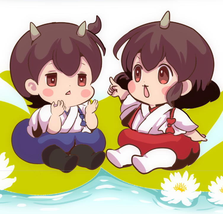 akagi (kancolle) ,kaga (kancolle) multiple girls 2girls brown hair japanese clothes long hair aged down horns  illustration images