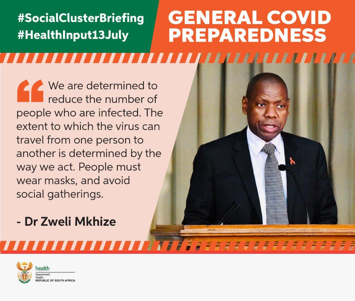 GovernmentZA's tweet photo. "We are determined to reduce the number of people who are infected."- @HealthZA Minister, @DrZweliMkhize #COVID19SA #SocialCluster briefing https://t.co/f48EPkzsWn