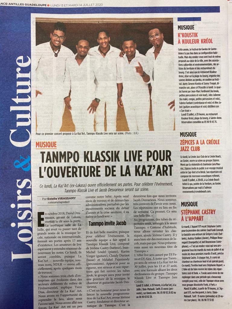 Merci à France-Antilles Guadeloupe pour cette petite lecture du jour 😊

Rendez-vous ce soir pour notre ouverture avec à Tanmpo Klassik Live et Jacob Desvarieux ✨