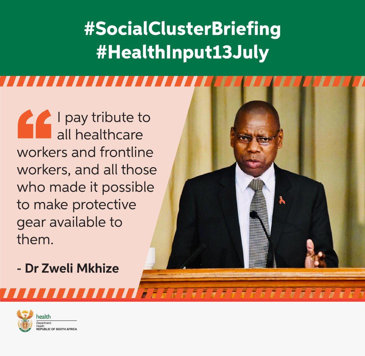 GovernmentZA's tweet photo. .@HealthZA Minister, @DrZweliMkhize took time to pay tribute to all healthcare and frontline workers during the #COVID19SA #SocialCluster briefing https://t.co/6BX4nBhDM5