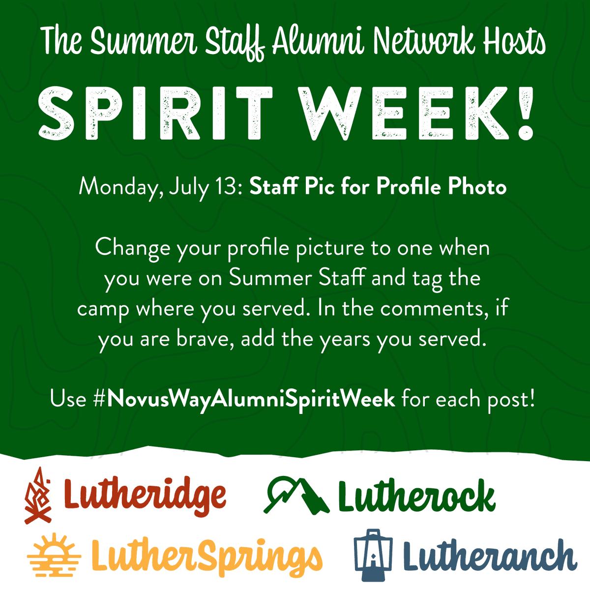 Here's your Alumni Spirit Week Day ✌️ Challenge: 

Change your profile picture to one when you were on Summer Staff and tag the camp where you served. You can also simply share a photo. Remember to use #NovusWayAlumniSpiritWeek in your post so we can see all the fun!
