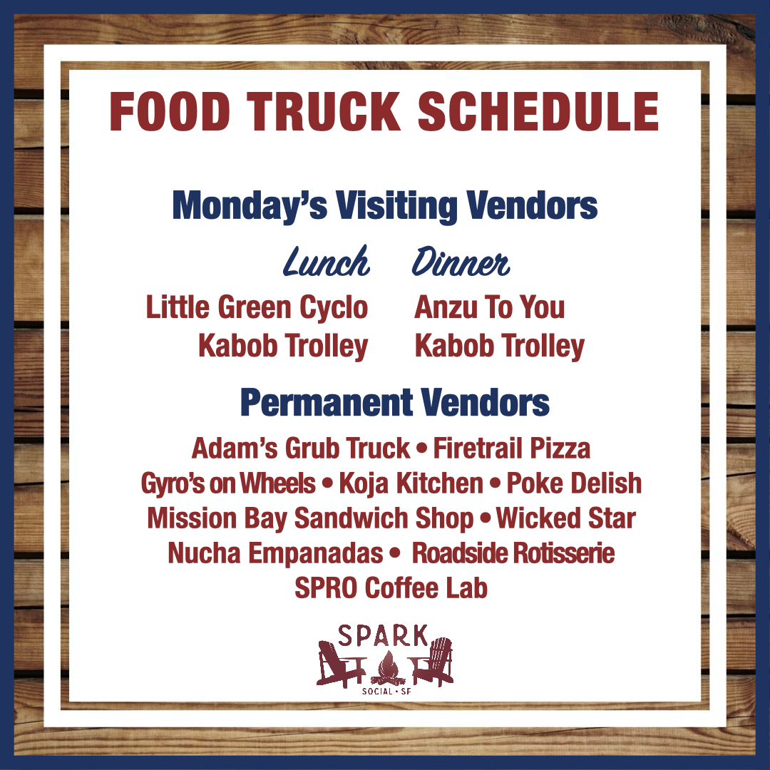 Our Monday mood-lifters include:

<a href="/lilgreencyclo/">Little Green Cyclo</a> <a href="/KabobTrolley/">KaböbTrölley</a> <a href="/anzutoyou/">anzutoyou</a>  <a href="/adamsgrubtruck/">Adam's Grub Truck</a> <a href="/firetrailpizza/">FiretrailPizza</a> <a href="/gyrosonwheels7/">Gyros on Wheels</a> <a href="/KoJaKitchen/">KoJa Kitchen</a> @mission_bay_sandwich <a href="/nuchaempanadas/">Nucha Empanadas</a> <a href="/pokedelish/">Poke Delish</a> <a href="/roadsidesf/">Roadside Rotisserie</a> @sprocoffeelab <a href="/wickedstarsf/">Wicked Star</a>