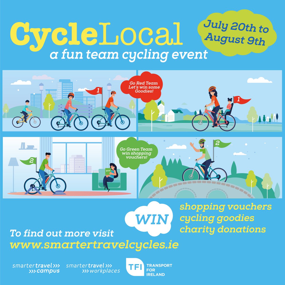 TFISmartTravel's tweet photo. CycleLocal, a fun 3 week cycling event, starts next week. There are 8 campuses competing. Join your campus's efforts via https://t.co/igx4zL9JyO to win @HealthyGMIT @LimerickIT @tcddublin @ucddublin @MaynoothUni @WeAreTUDublin @nuigalway @DCU https://t.co/HiGMnIdthz