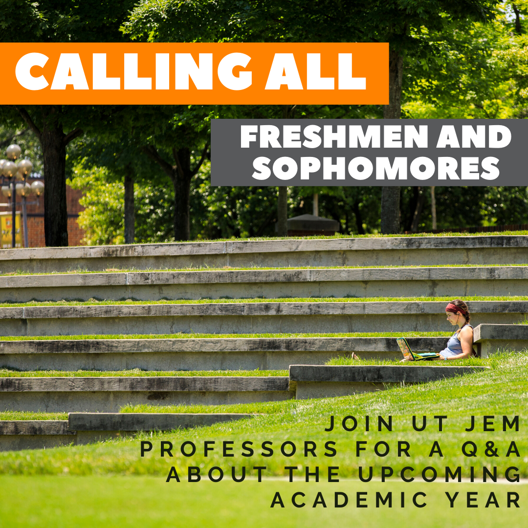 Interested in learning more about the JEM courses in the fall? Have questions about what college life &amp; the classroom might look like during COVID? Join UT JEM professors <a href="/DrRoessner/">Dr. Amber Roessner</a> , <a href="/melaniefaizer/">Melanie Faizer</a> , <a href="/samswan/">samswan</a> &amp; <a href="/joyjenkins/">Jenkins Joy</a> a Q&amp;A at 3 p.m. ET Friday! bit.ly/3iYN8rO