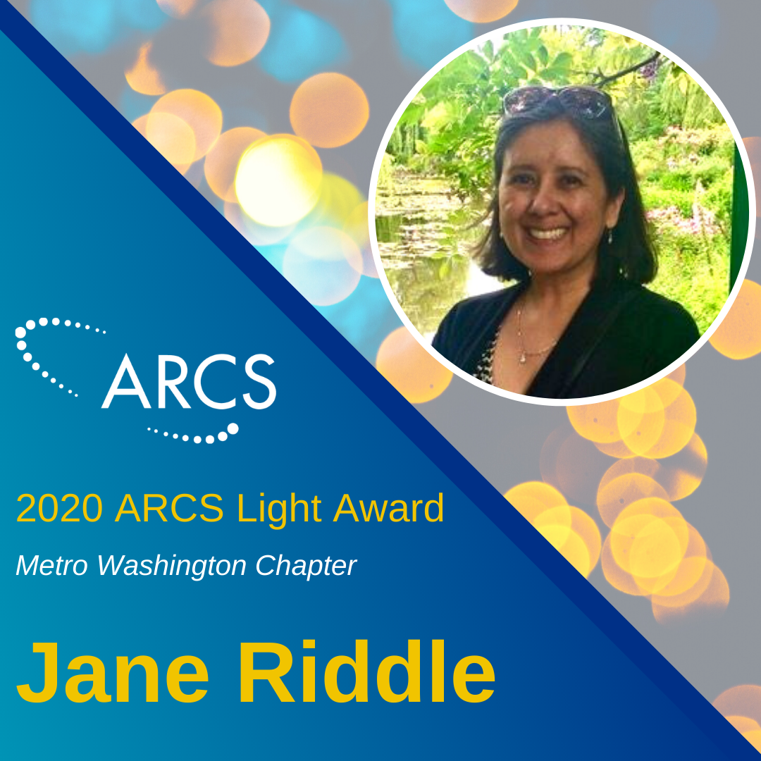 ARCSFoundation's tweet photo. Jane Riddle has been named @ARCSMetroWash Chapter’s 2020 #ARCSLight Award recipient. Since 2013, Jane has served in many chapter roles, including Vice President for Finance and Co-President. She currently holds the position of Endowment Chair. Congratulations, Jane! https://t.co/YYQLPBSV2i