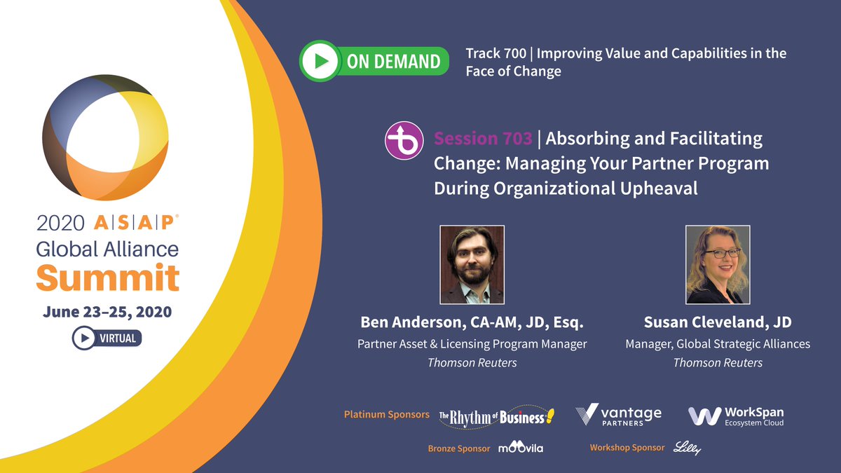 ASAP_Global's tweet photo. Hop into on demand session 703 of 2020 #ASAPSummit with speakers @BenjaminAnderson and @SusanCleveland of @ThomsonReutersElite as they discuss the benefits and downfalls of change in alliance management
https://t.co/PJcUVwGhVc https://t.co/PKw6oScdmQ