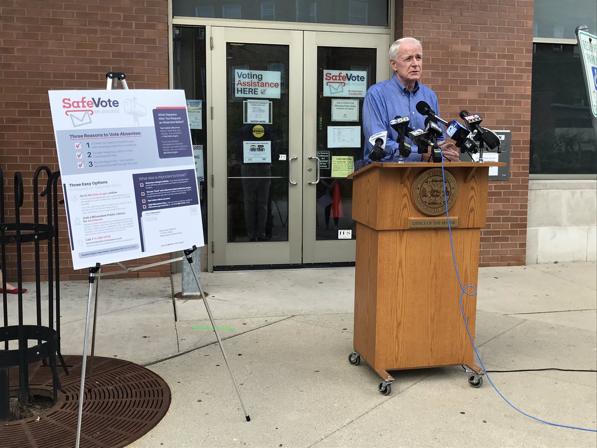 mdesisti's tweet photo. While encouraging residents to vote absentee, Milwaukee Mayor Barrett said today that poll workers pay is increasing from $130 a day to $230 a day. https://t.co/IFH2ySZzzD