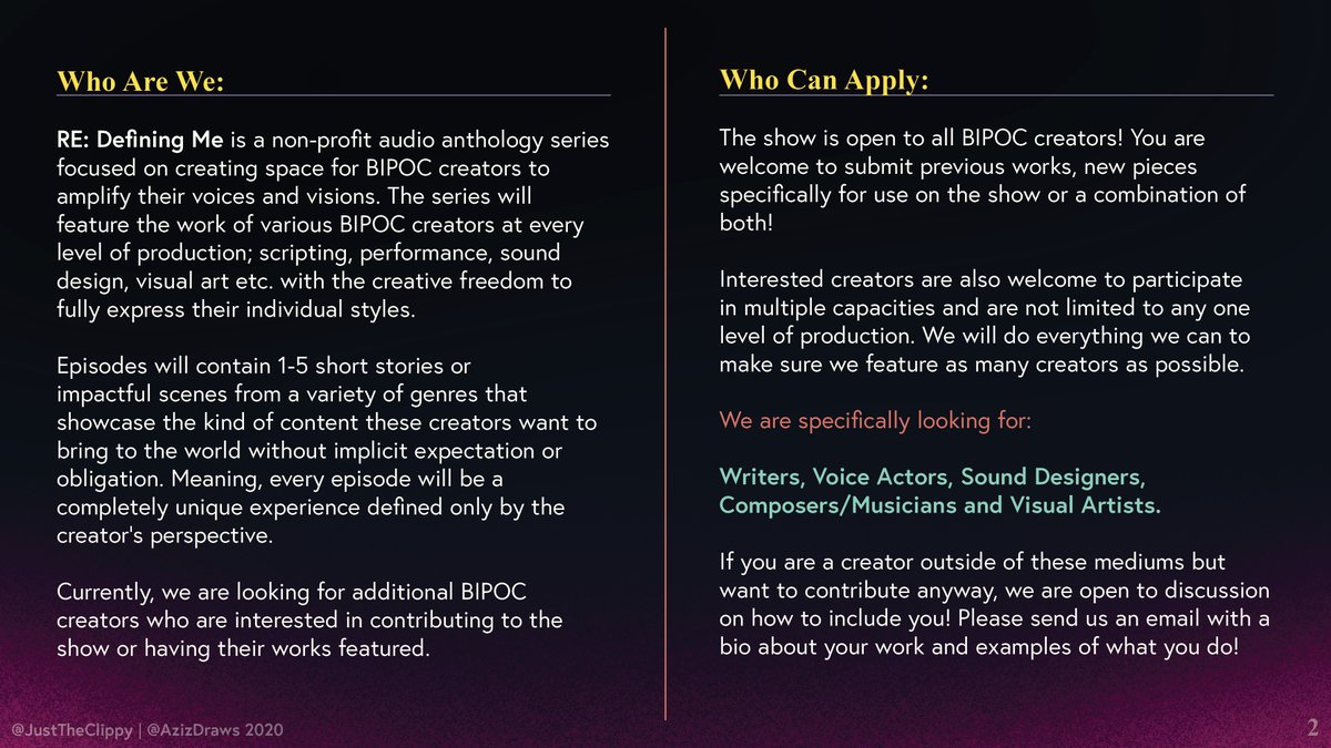 JustTheClippy's tweet photo. ✨BIPOC Casting and In Search Of✨

Introducing RE: Defining Me an audio anthology focused on BIPOC works.

Open to all BIPOC Creators: VAs, Writers, Sound Designers, Composers, Visual Artists

https://t.co/95QgkMqOeV

#WritingCommunity #voiceacting #artists #AudioDrama #musician https://t.co/rbjfzEKfd5