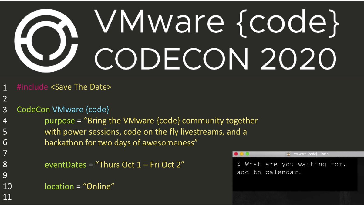 vmwarecode's tweet image. 🚨BIG NEWS🚨: CodeCon 2020! Save the date and add to your calendar. More details to come: bit.ly/3gVjodi