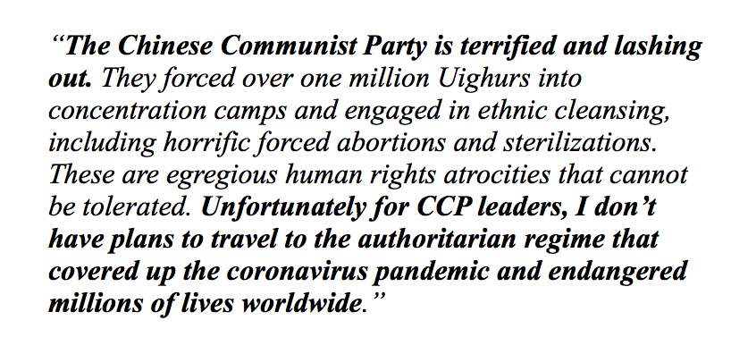 SenTedCruz's tweet photo. My response to the Chinese Communist Party’s announced sanctions ⤵ https://t.co/LqWkEWNh8T