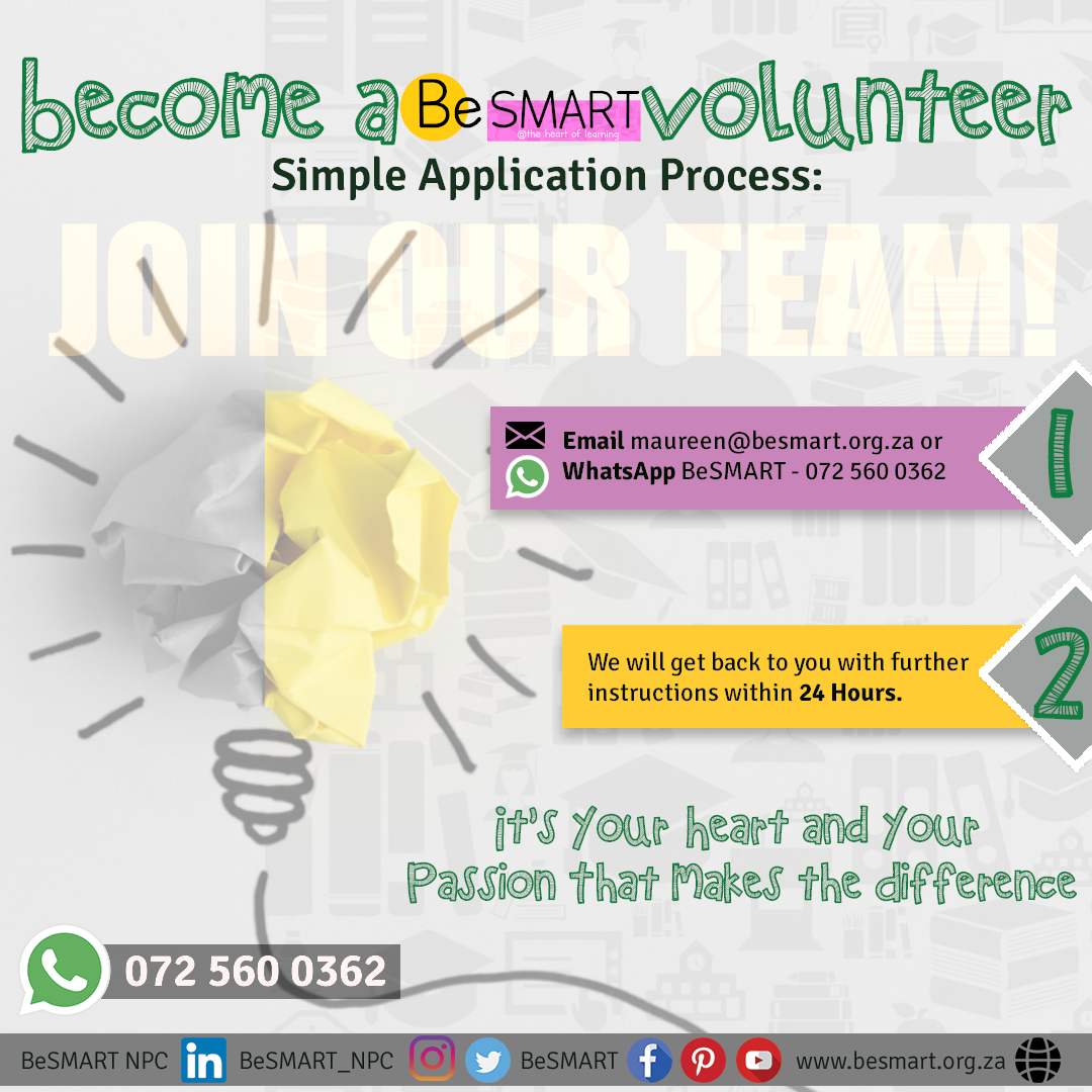 BeSMART_NPC's tweet photo. WE ARE HIRING - APPLY NOW!
Volunteering opportunity to contribute to the academic development of students around your community and the country at large. https://t.co/KiH493ec9F
#BeSMART #DigitalLearning #AtTheHeartOfLearning #BeSMARTWeAreHiring https://t.co/LlmLDvx548