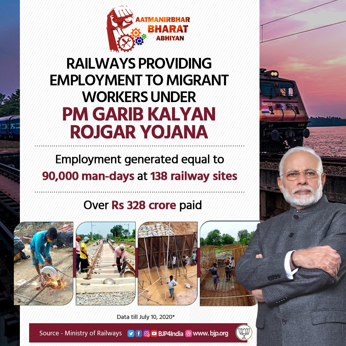 Railways is providing employment to migrant workers under PM Garib Kalyan Rojgar Yojana. So far, employment equal to 90,000 man-days has been generated at 138 railway sites. #AatmaNirbharBharat