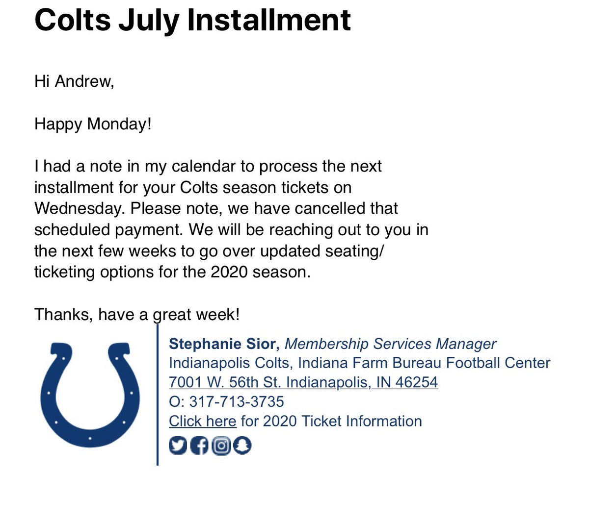dalep2's tweet photo. @byesline my buddy received this email today. Colts have been very upfront with season ticket holders so far. https://t.co/Oz1ehmIbe9