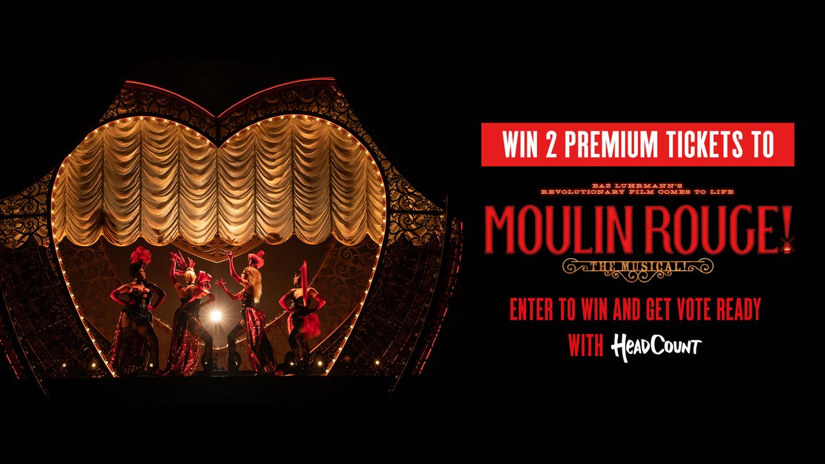 MoulinRougeBway's tweet image. Get ready to vote with @HeadCountOrg! Go to HeadCount.org/MoulinRouge and register to vote, check your registration status, and see who’s on your ballot. By registering, you could win 2 Premium Seat tickets to see Moulin Rouge! The Musical on Broadway in 2021! #BroadwayVotes