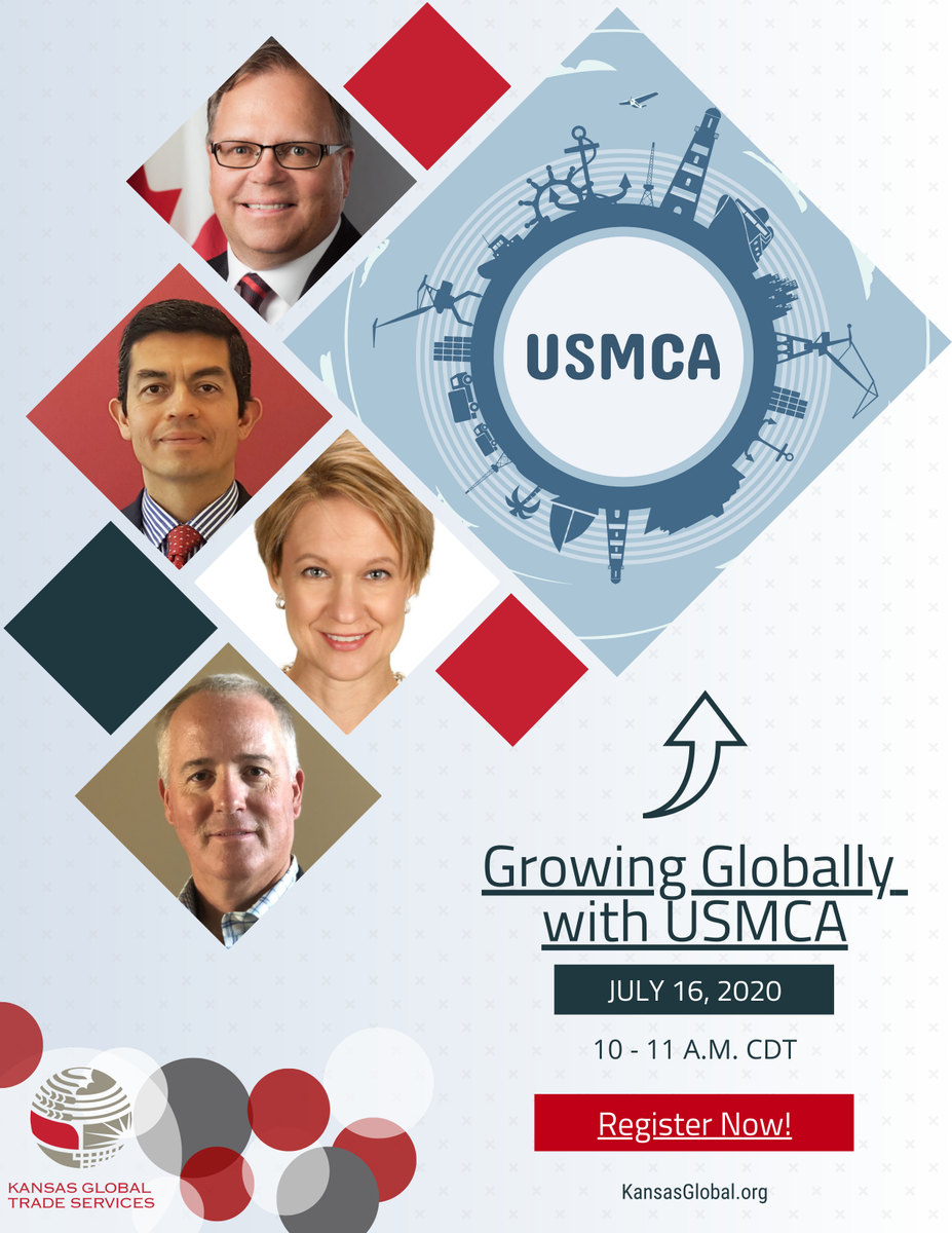 KansasGlobal's tweet photo. You know what #USMCA is, but how does impact you and your bottom line? We've brought the Canadian and Mexican consulates along with trade experts together to share their insights for your next competitive advantage. Join us July 16 at 10 AM CDT!
https://t.co/Al5IjZQZkD https://t.co/elqgRyNGV9