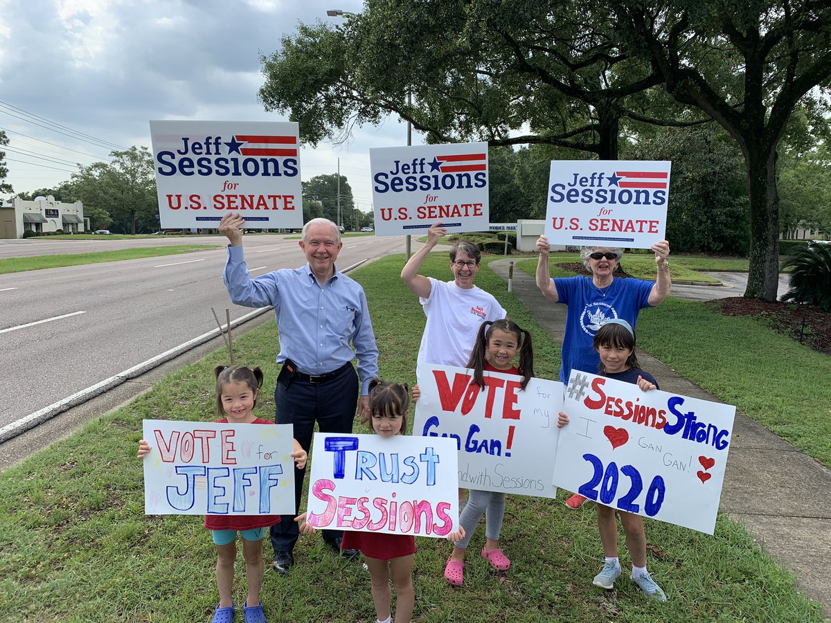 Mary and I out campaigning this morning in Mobile with our daughter Ruth and our granddaughters — I’m so thankful for the support of my family, and I am ready and fired up to go fight for Alabama in the US Senate! #TeamSessions #VoteTuesday #StandWithSessions #alsen